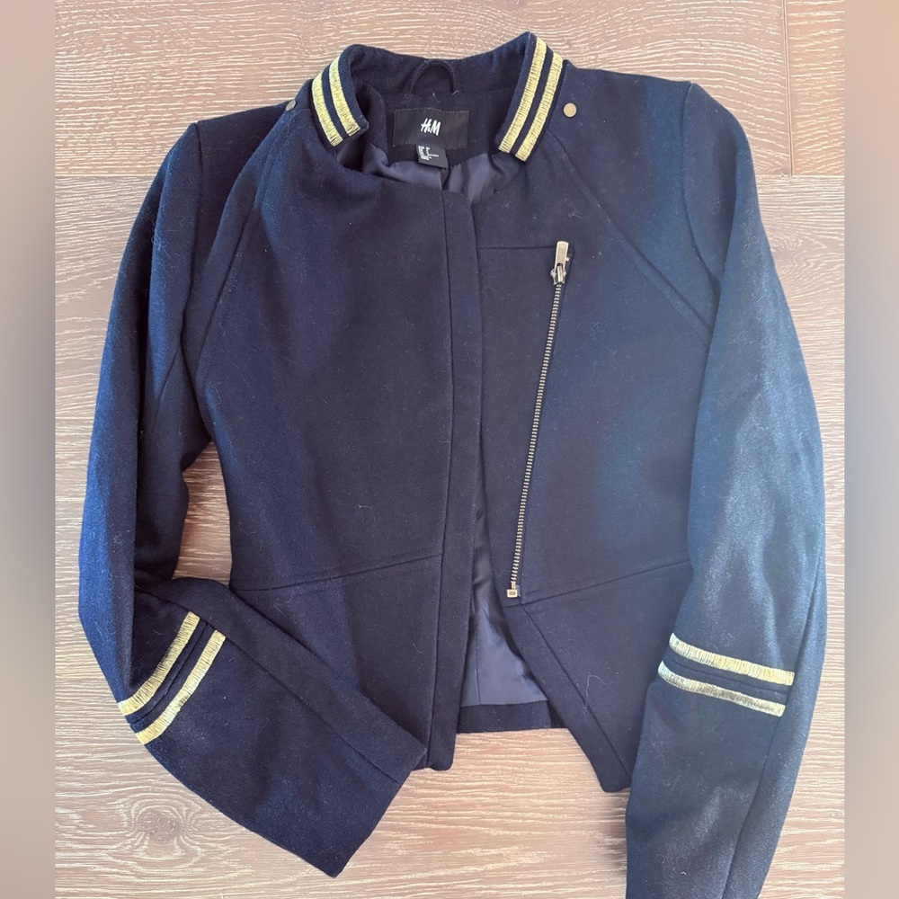 H&M Women's Navy Military Inspired Wool Jacket with Gold Stripes